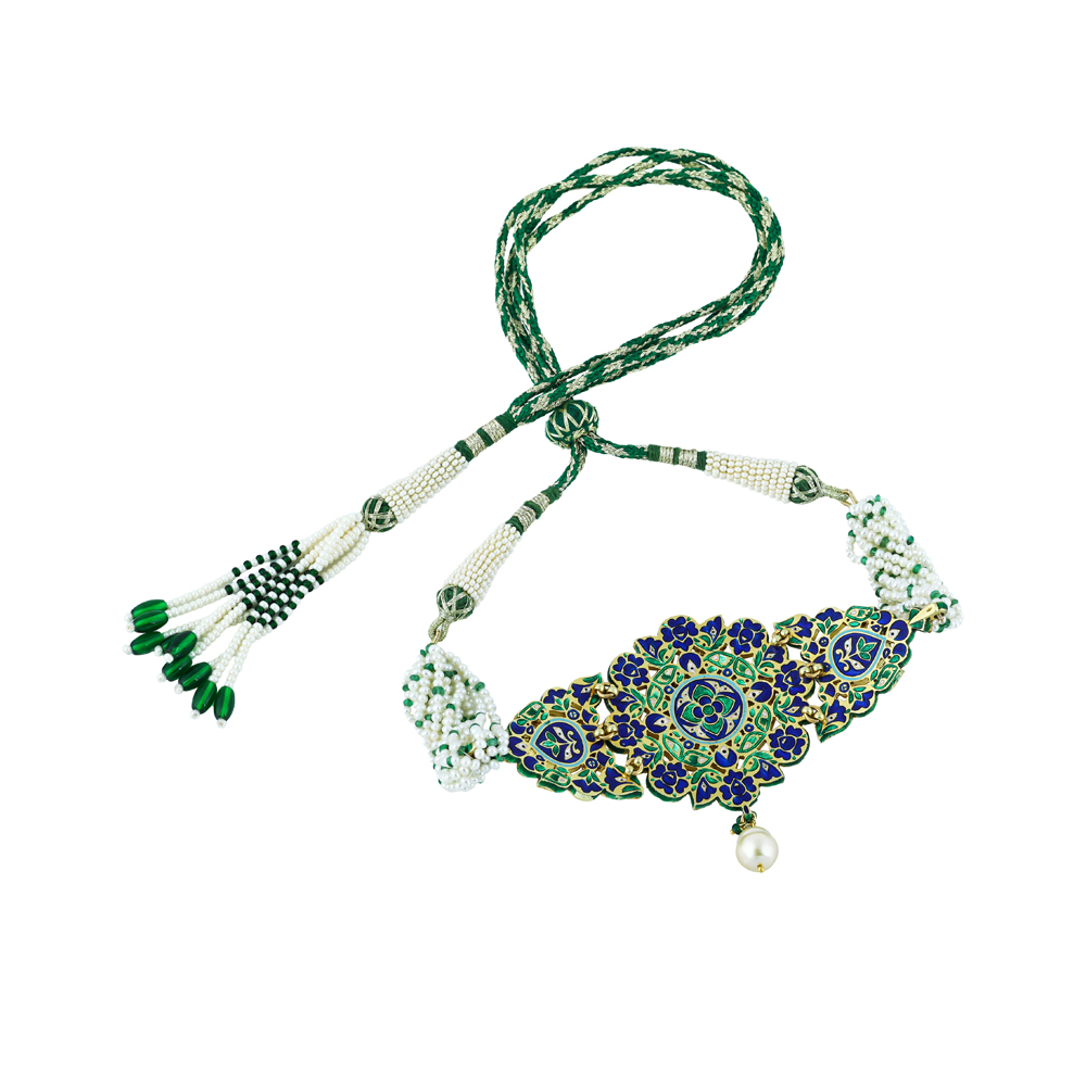 Floral Polki Choker with Green Enamel & Pearl Strands